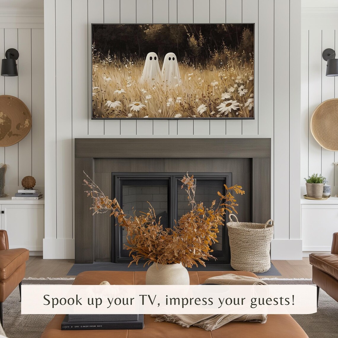 Two Cute Ghosts in Wildflower Meadow Vintage Halloween TV Art Poster - Image 3