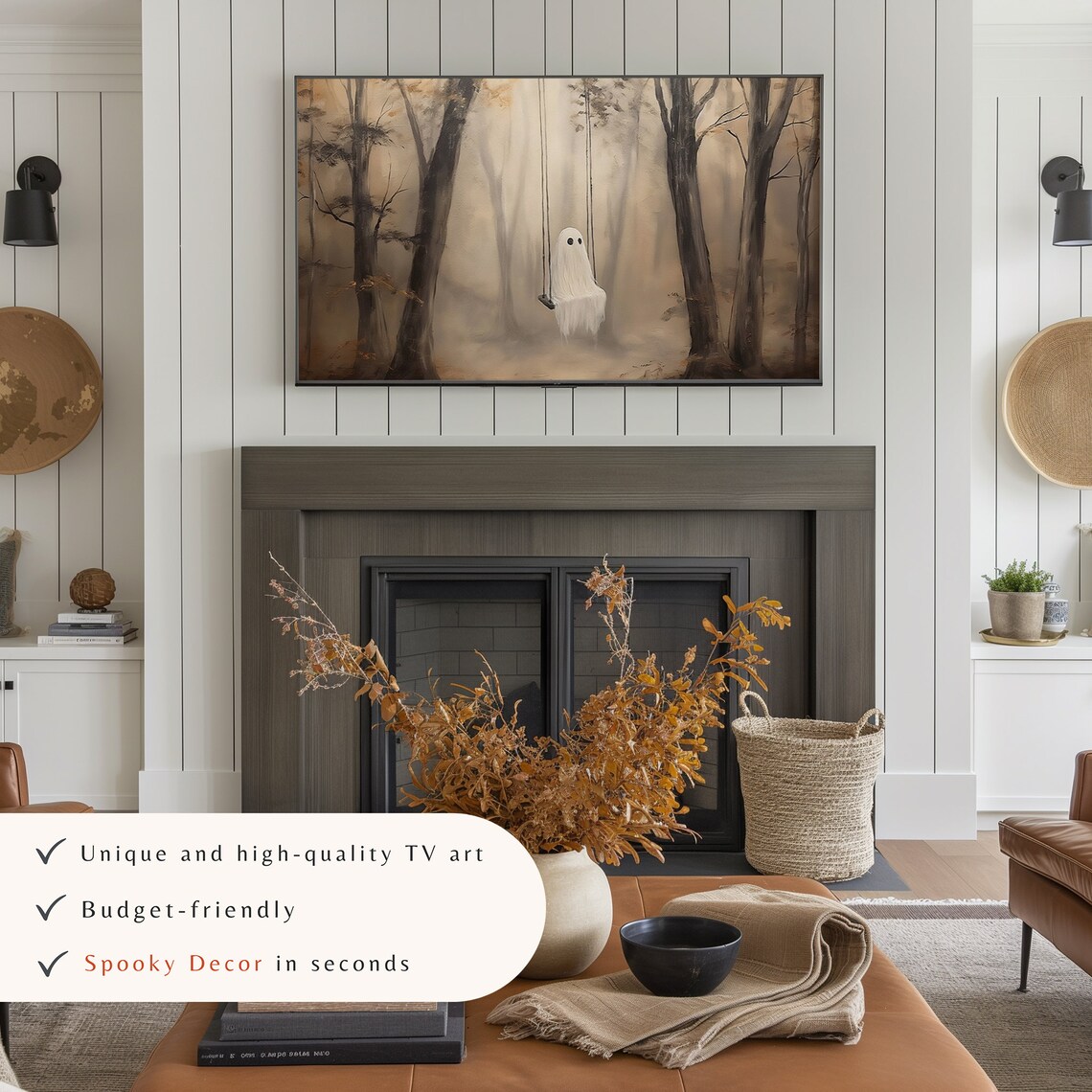 Cute Ghost on Swing Misty Forest Neutral Spooky Halloween Wall Art - Image 3