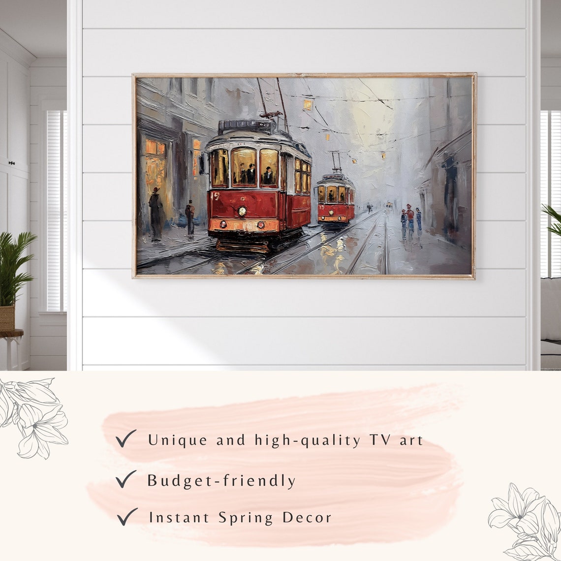 Moody Frame Tv Art Tramway In The Old City Oil Painting Antique Farmhouse Oil Painting Vintage Home Decor - Image 3