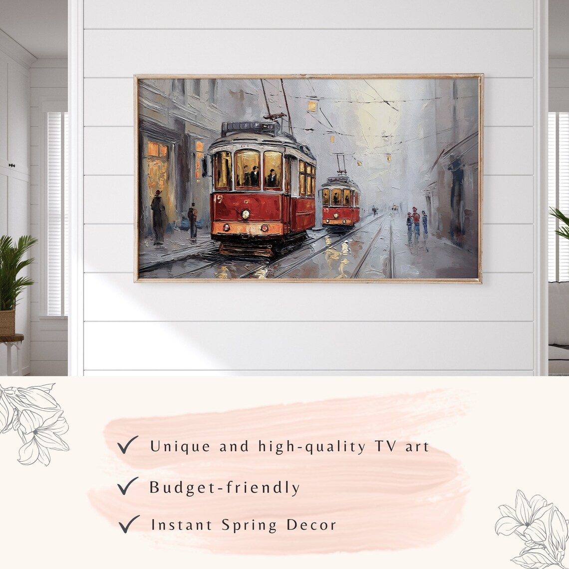 Red Vintage Trams Rainy Old Town Street Night Lights Travel Poster - Image 3
