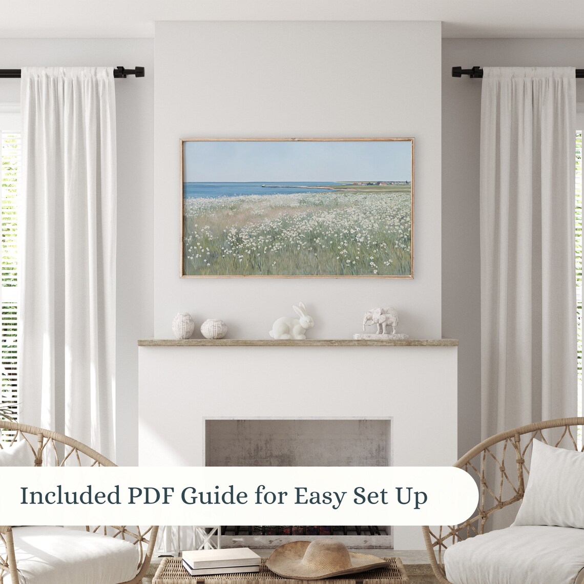 Coastal Wildflower Meadow Blue Sea Pier Distant Beach Houses Poster - Image 3