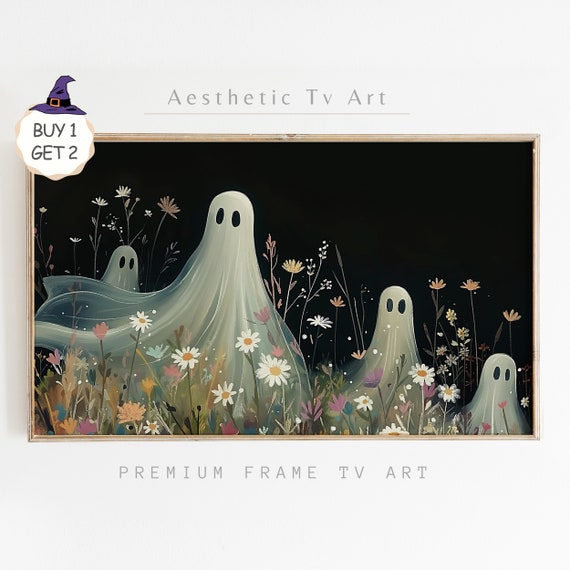 Halloween Frame Tv Art Cute Ghost Wildflower Painting Dark Botanical Floral Spooky Ghost Frame Tv Art