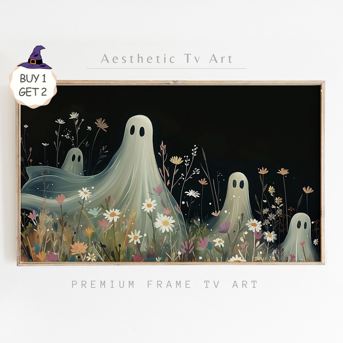 Halloween Frame Tv Art Cute Ghost Wildflower Painting Dark Botanical Floral Spooky Ghost Frame Tv Art