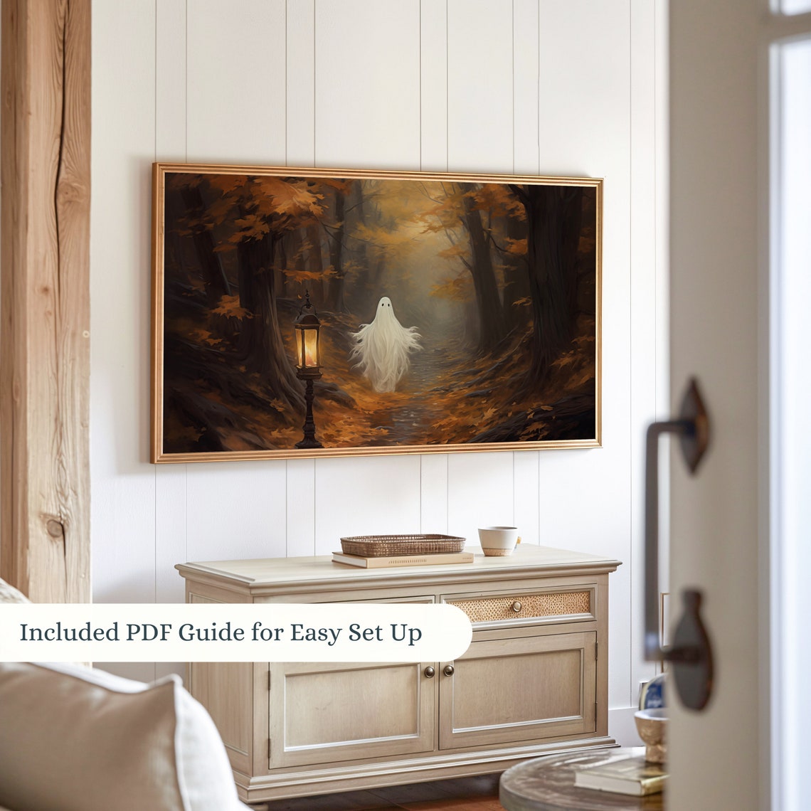 Cute Ghost Frame Tv Art Spooky Halloween Art For Tv Ghost In A Forest Frame Tv Halloween Neutral Halloween Decor - Image 3