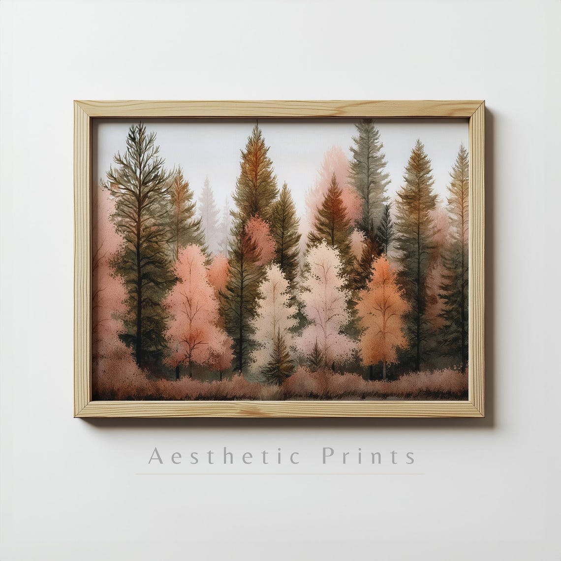 Neutral Autumn Pine Forest Watercolor Fall Farmhouse Wall Art Print