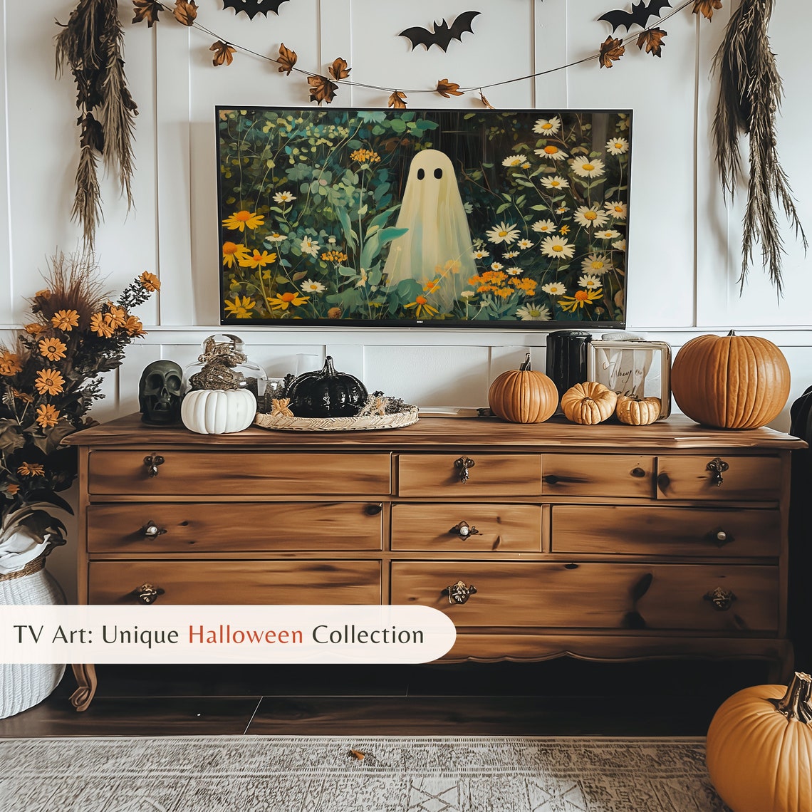 Cute Ghost Among Daisies Wildflower Field Halloween TV Art Poster - Image 3