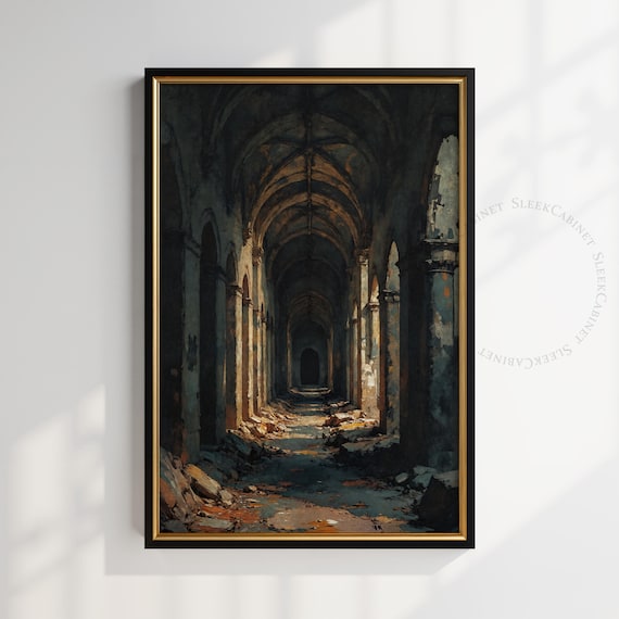 Abandoned Gothic Cloister Vaulted Stone Corridor Vintage Art Print