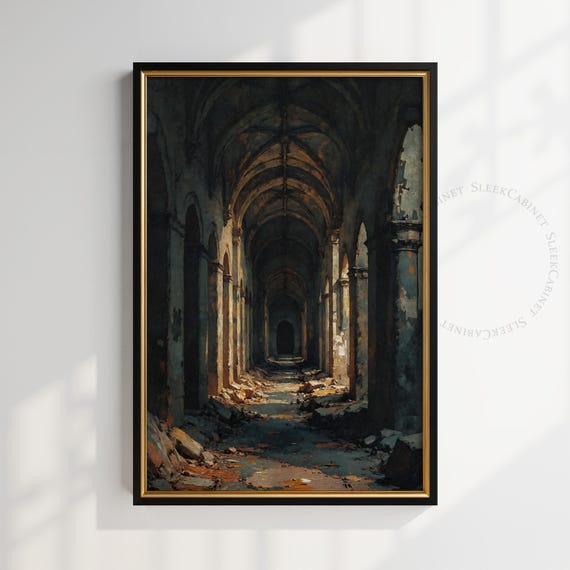 Gothic Cathedral Corridor Art Print Dark Medieval Architecture Wall Decor Abandoned Church Ruins Moody Archway Poster Fjdsff