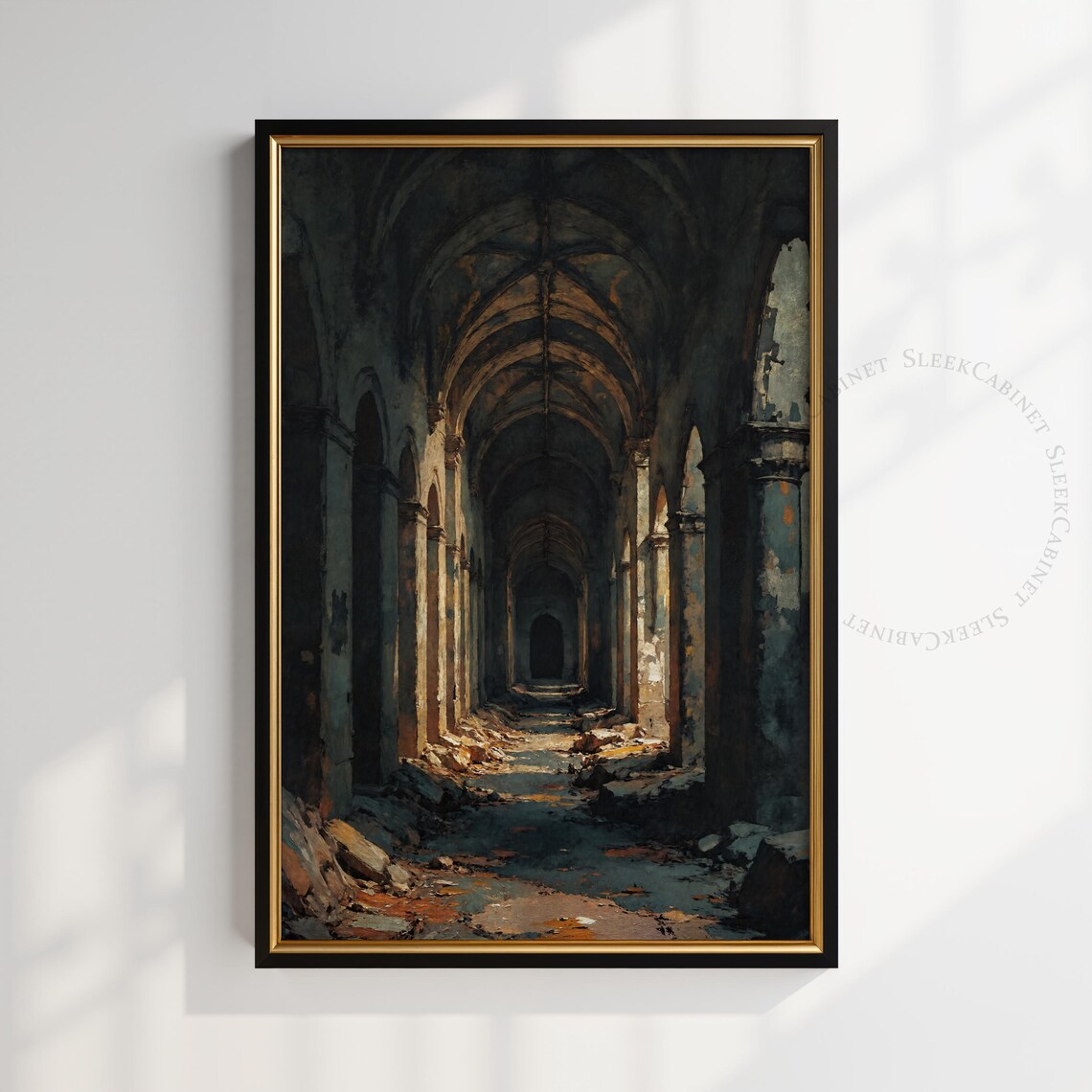 Abandoned Gothic Cloister Vaulted Stone Corridor Vintage Art Print