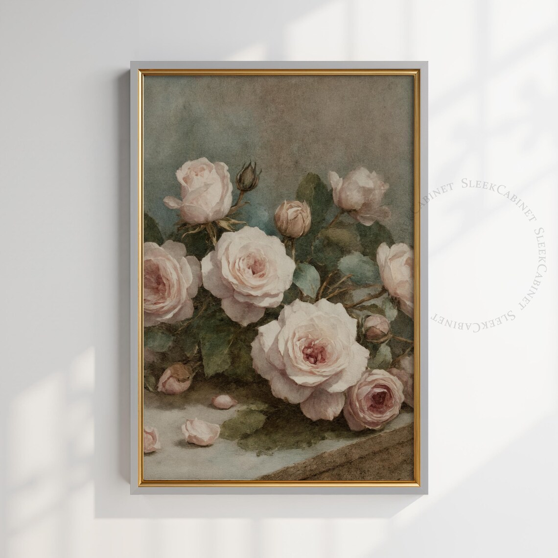 Soft Blush Roses Sage Green Background Vintage Botanical Wall Art - Image 2