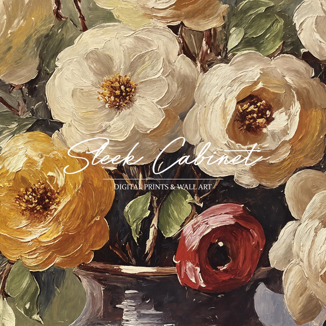 Mixed Bouquet White and Yellow Roses in Vase Vintage Floral Poster - Image 3