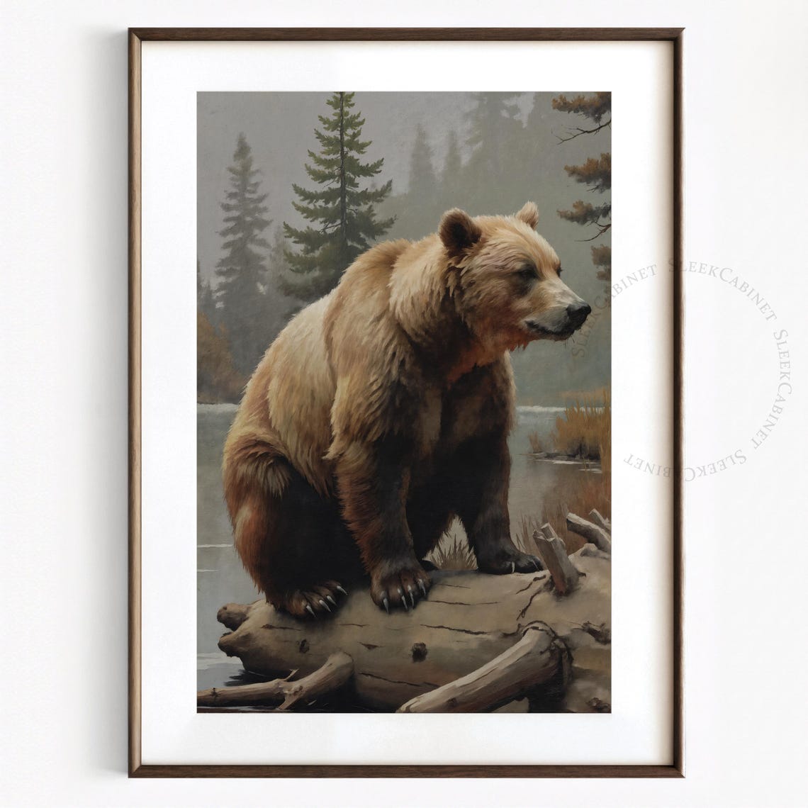 Brown Bear Resting on Fallen Log Lake Pine Forest Art Poster - Image 2