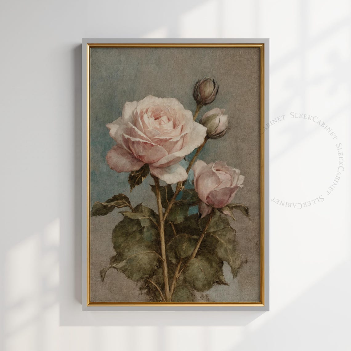 Tall Stem Blush Rose and Buds Vintage Botanical Painting Print - Image 2