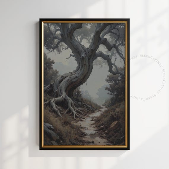 Misty Forest Path Wall Art Ancient Tree Oil Painting Dark Academia Gothic Nature Print Mystical Woodland Qqkfx