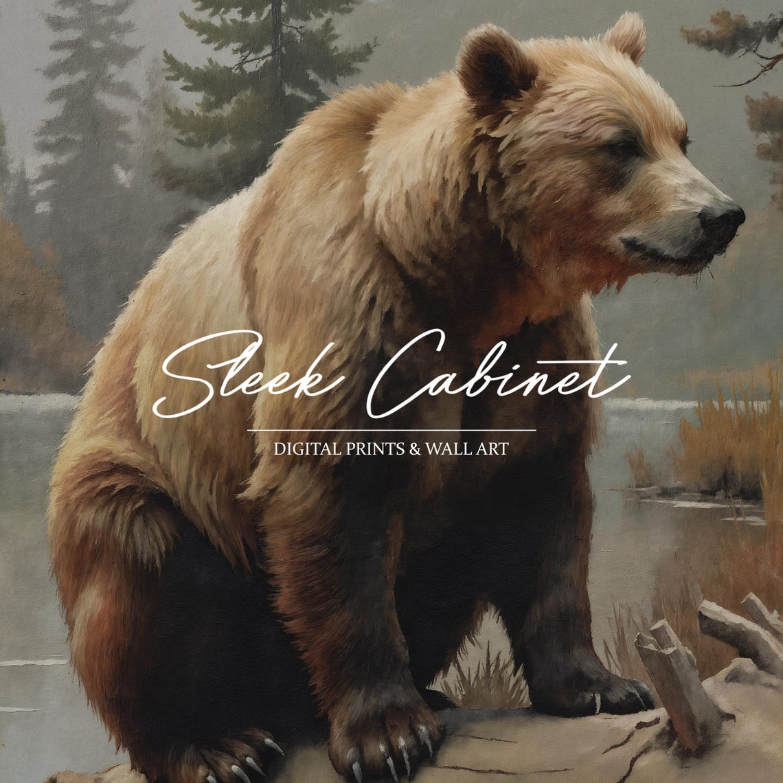Brown Bear Resting on Fallen Log Lake Pine Forest Art Poster - Image 4