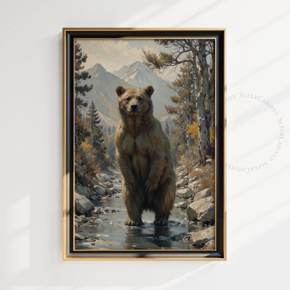 Brown Bear Standing Mountain Stream Pine Peaks Wildlife Poster