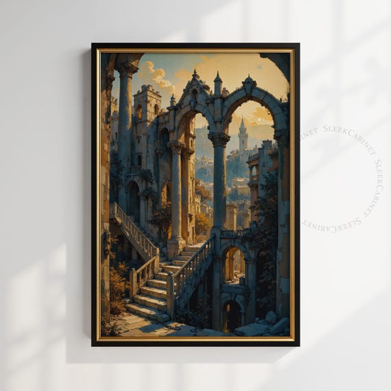 Gothic Architecture Wall Art Medieval Fantasy Castle Print Golden Sunset Cathedral Painting Large Stone Arch Staircase Artwork Aofne