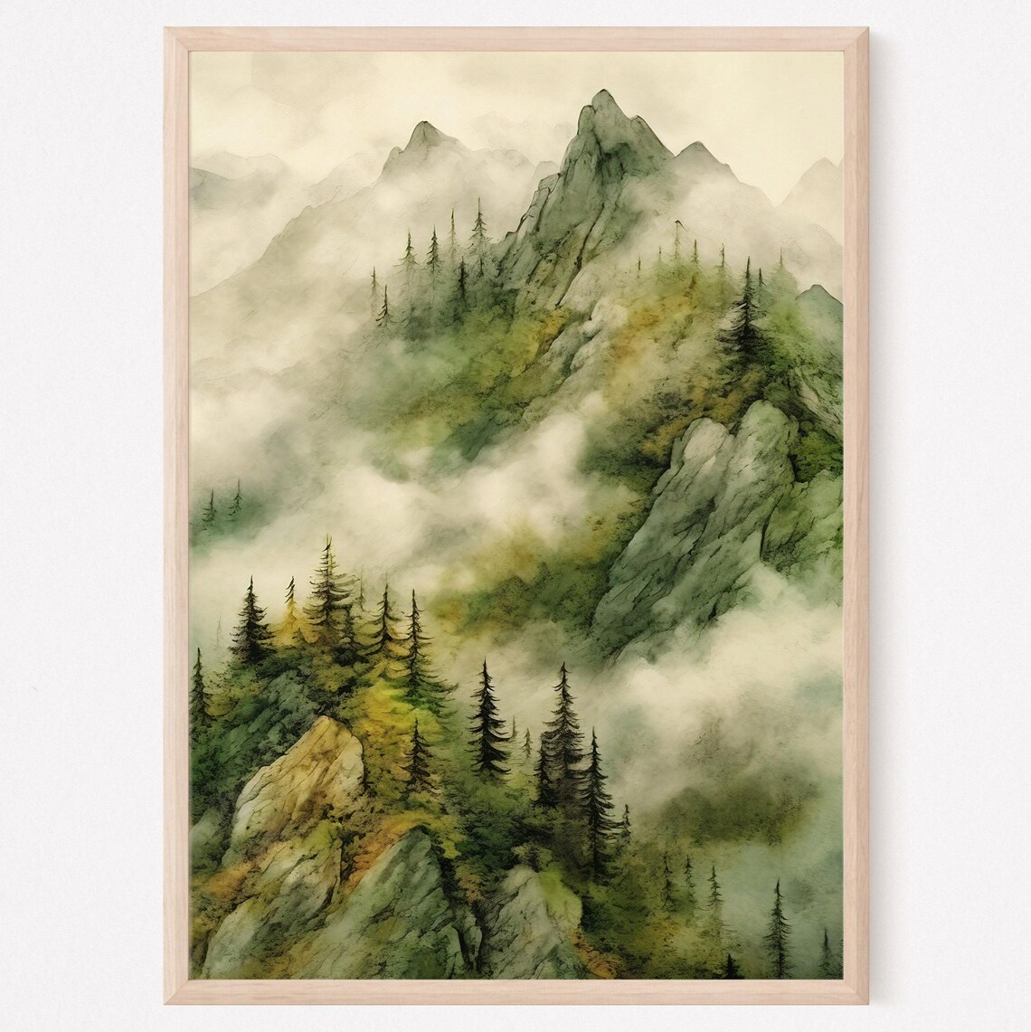 Pine Tree Mountain Forest Watercolor Landscape Art Print