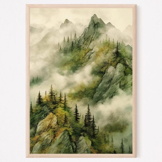 Pine Tree Mountain Forest Watercolor Landscape Art Print