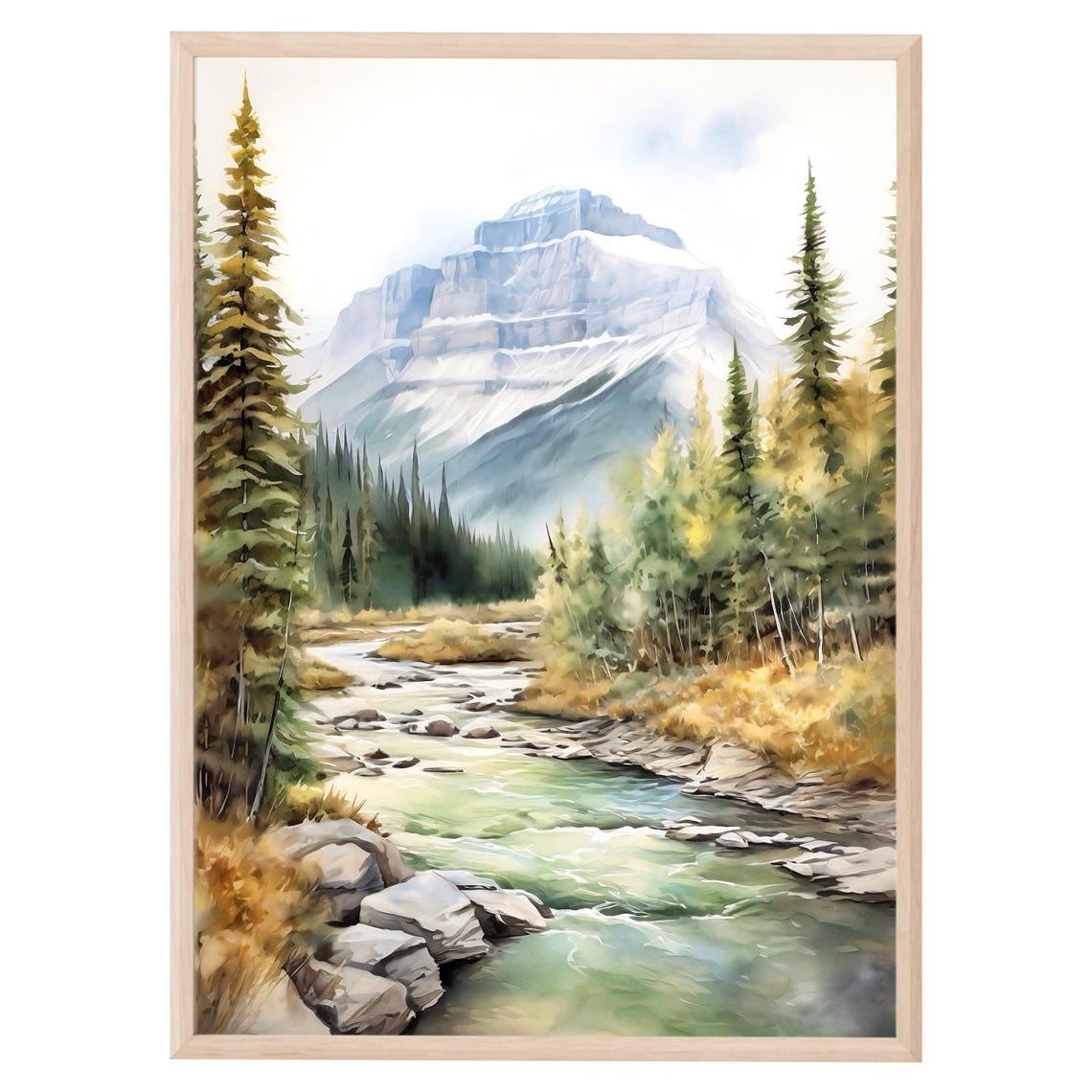 Banff National Park Stream Pine Forest Watercolor Mountain Art Print
