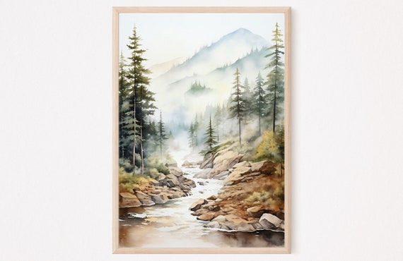 Mountain River Art Watercolor Painting Large Wall Art Mountains Forest Art Print Neutral Artwork Nature Watercolor Landscape