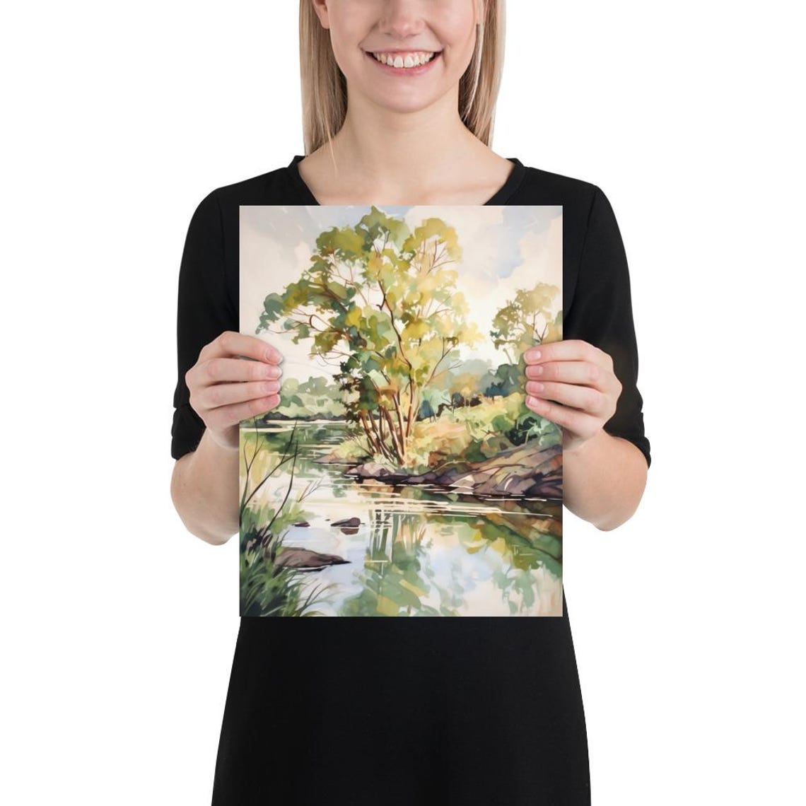 Riverside Tree Reflection Summer Stream Watercolor Art Poster - Image 5