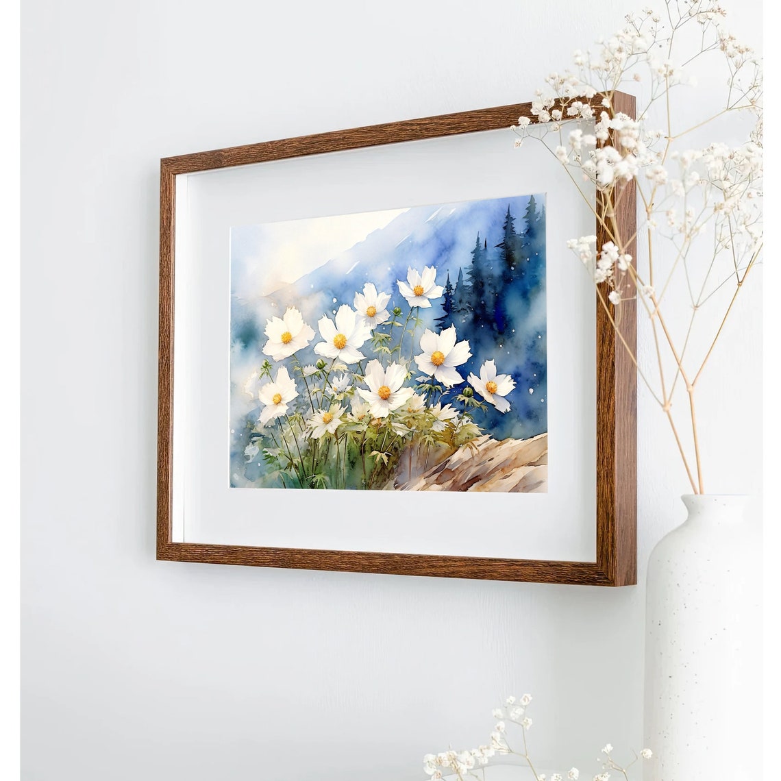 White Wildflowers Blue Mountain Meadow Watercolor Floral Poster - Image 3