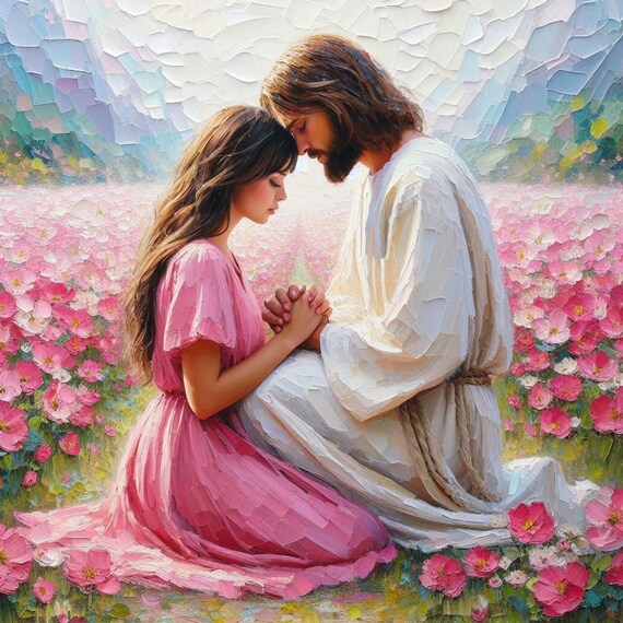Jesus Holding Woman's Hand in Pink Blossom Garden Art Poster