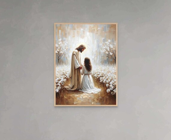 Jesus Holding Hands with Little Girl in White Flower Field Poster