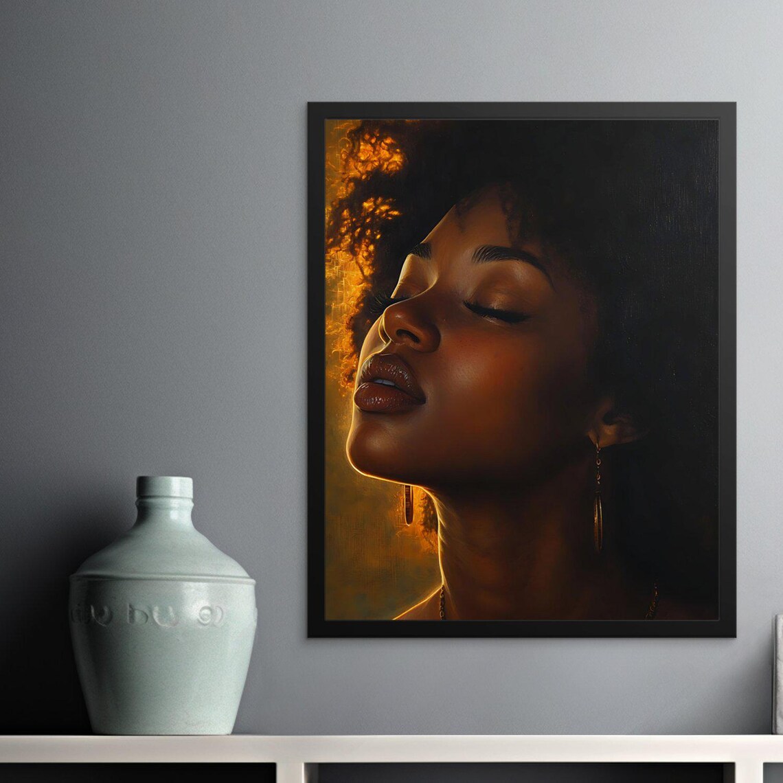 Moody Oil Portrait Black Woman Golden Light Dark Background Art Poster - Image 3