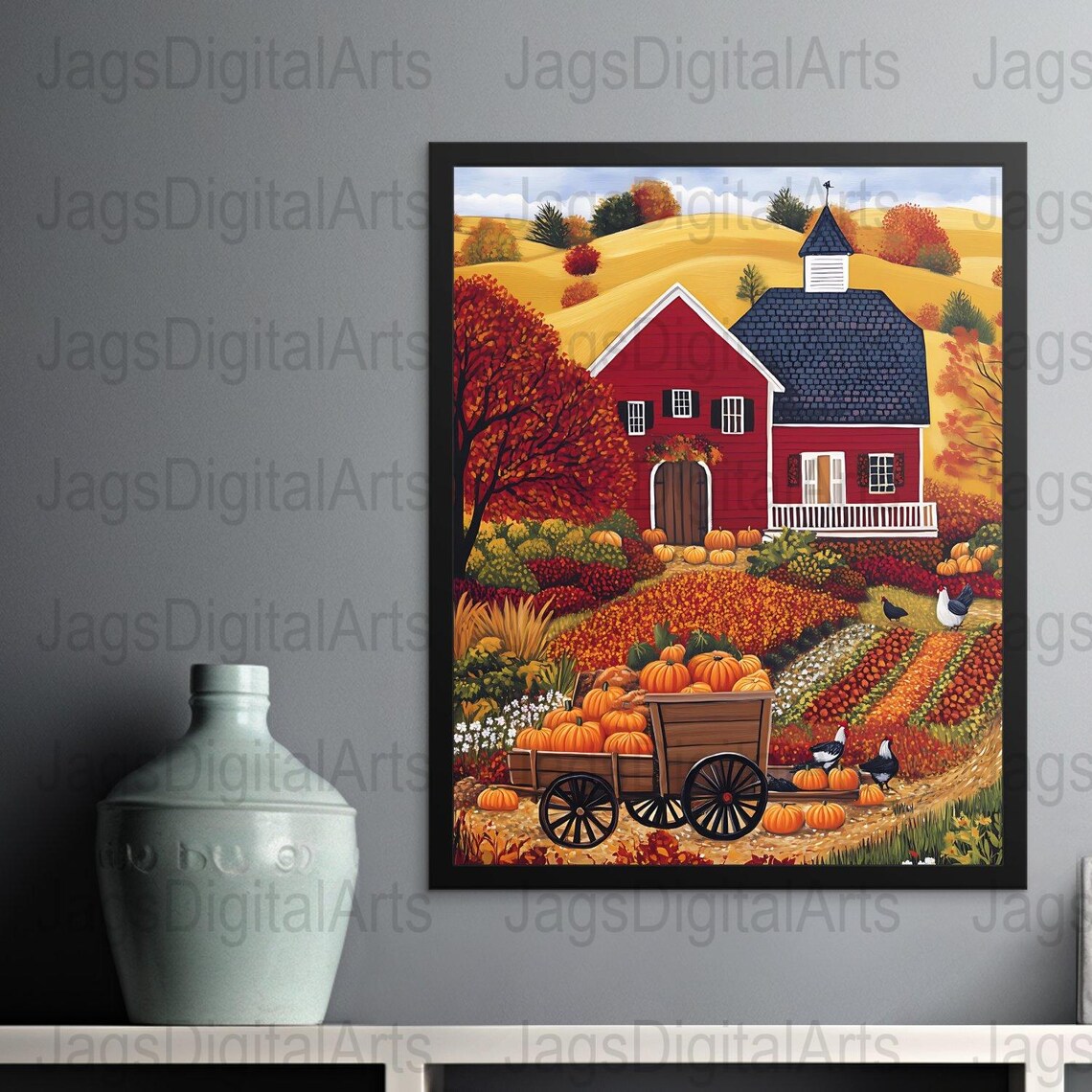 Fall Harvest Folk Art Red Barn Pumpkins Wagon Country Scene Poster - Image 2