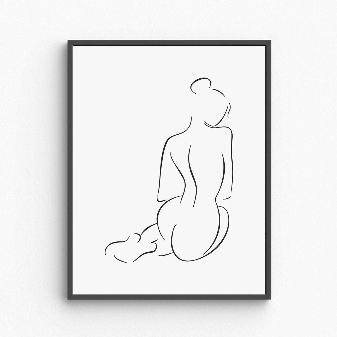 Sitting Nude Woman Line Art Back View Feminine Figure Study Poster