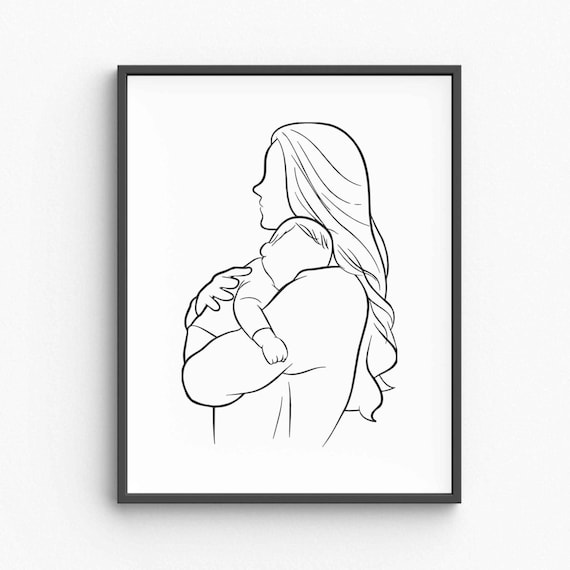 Minimalist Mom Holding Baby Line Art Motherhood Wall Print Black White And Child Drawing Emotional Family Decor