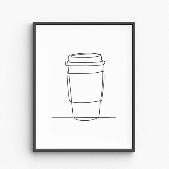 Minimalist Coffee Line Art Cafe Wall Print Black White Cup Drawing Kitchen Decor Poster Illustration