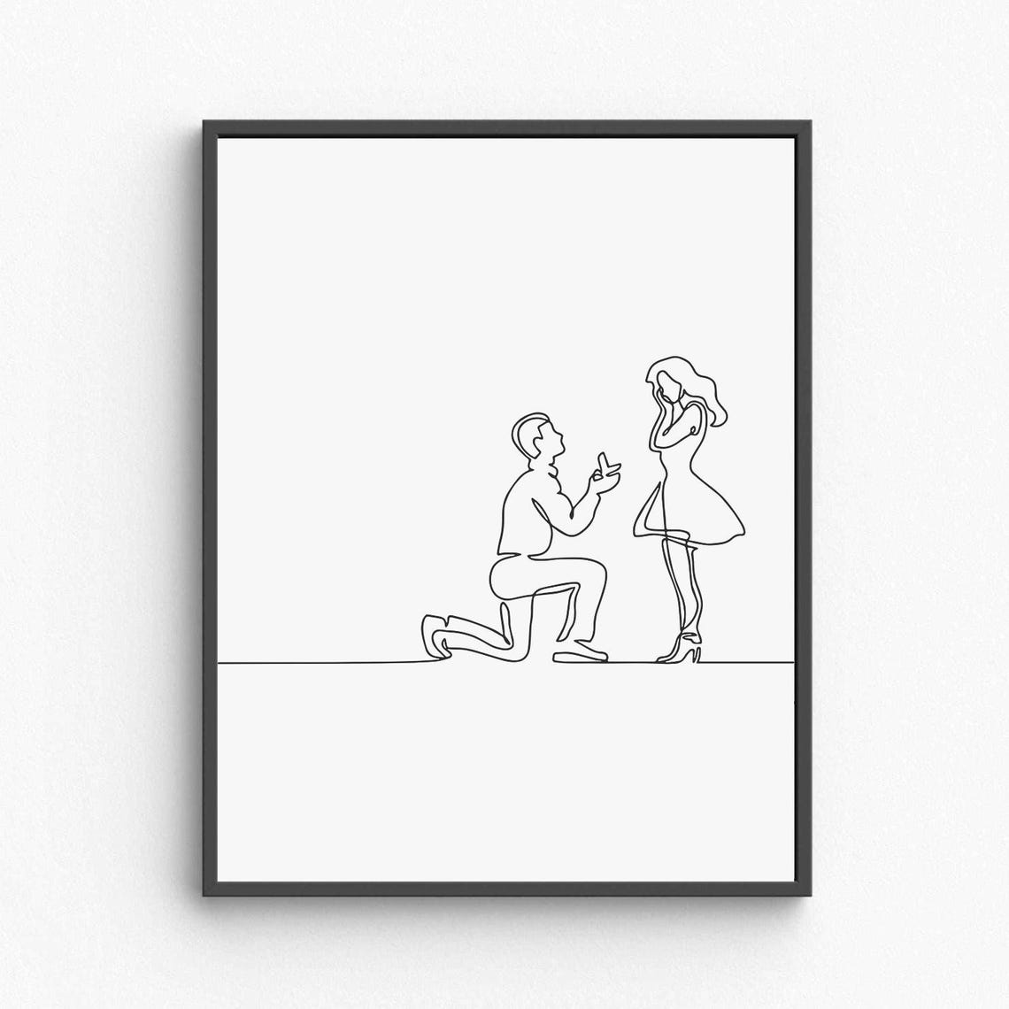 Marriage Proposal Line Art Romantic Couple Engagement Moment Poster