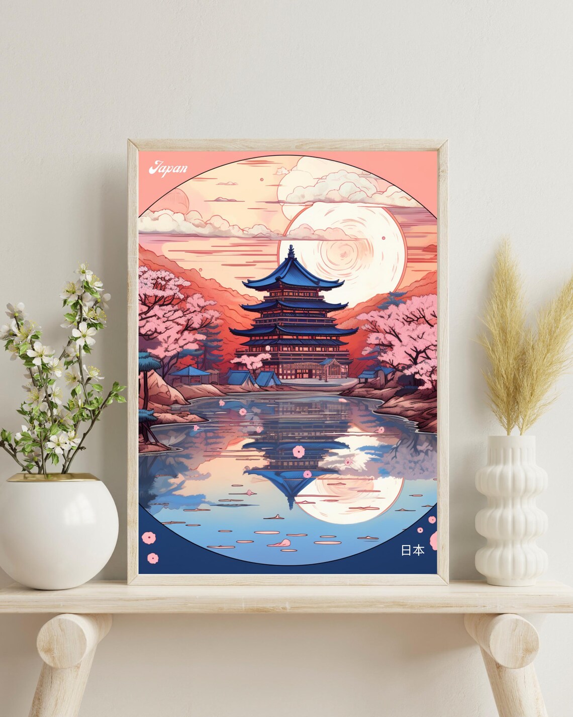 Kyoto Travel Poster, Cherry Trees Spring Scene