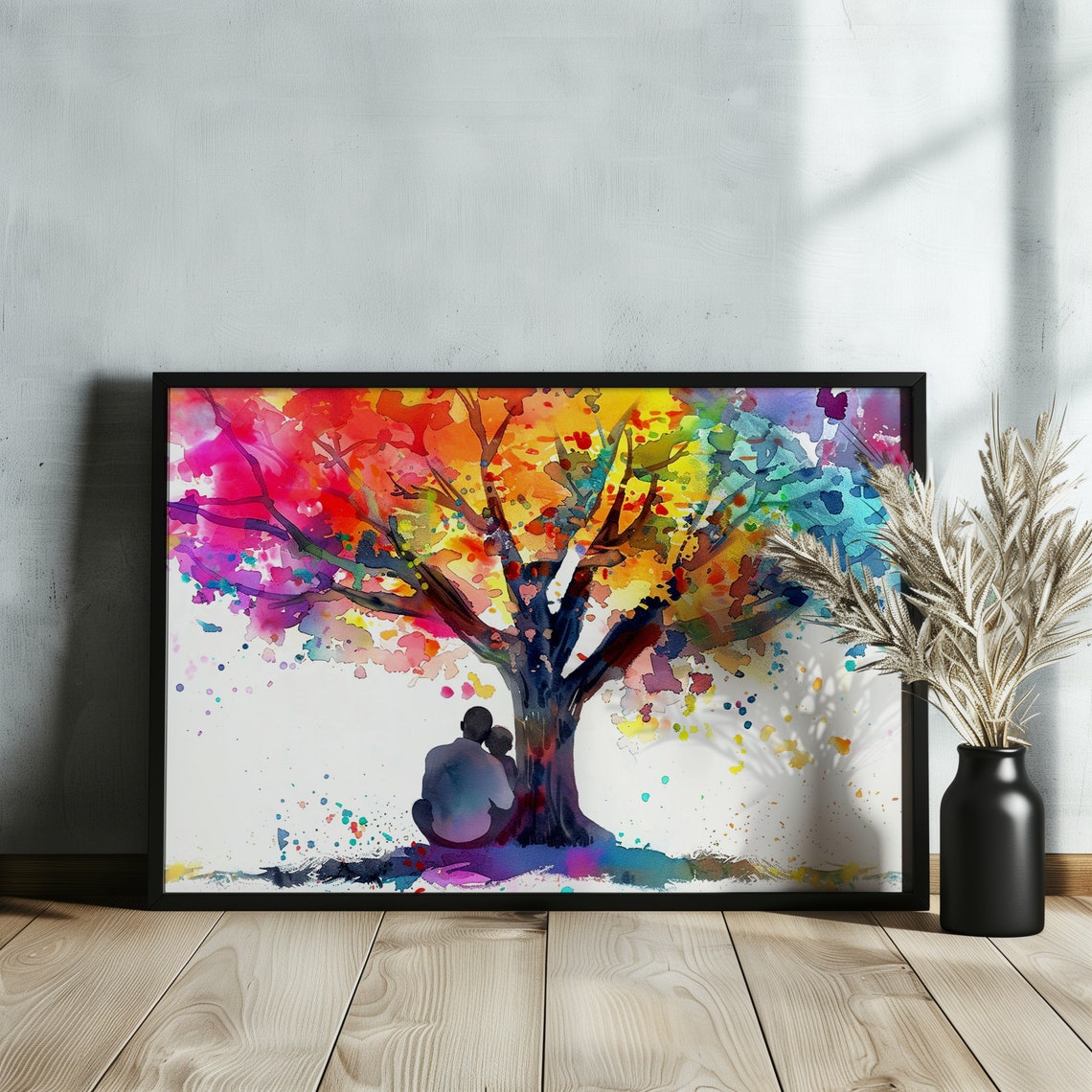 Rainbow Watercolor Tree Couple Silhouette Romantic Love Poster - Image 3