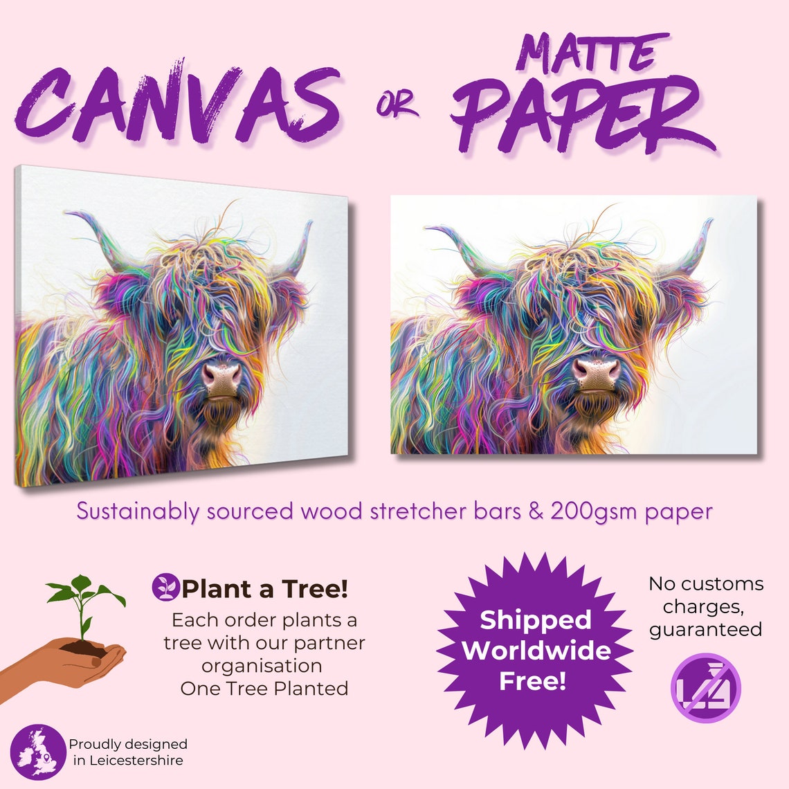 Highland Cow Neon Rainbow Hair Vibrant Shaggy Scottish Cow Art Poster - Image 3