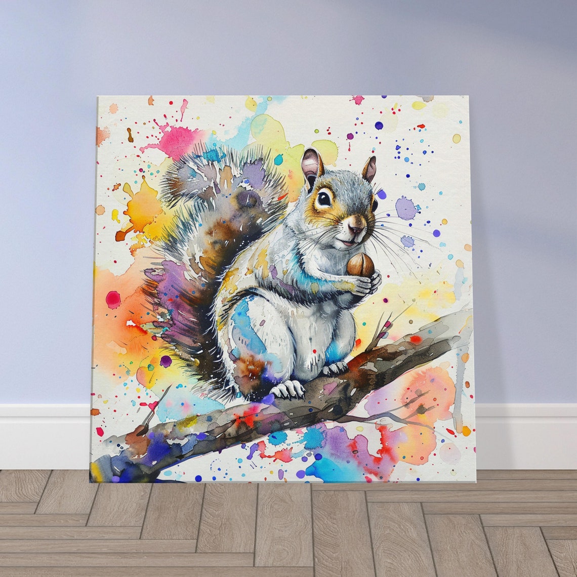 Cute Squirrel With Nut Watercolor Paint Splash Woodland Wall Poster - Image 3
