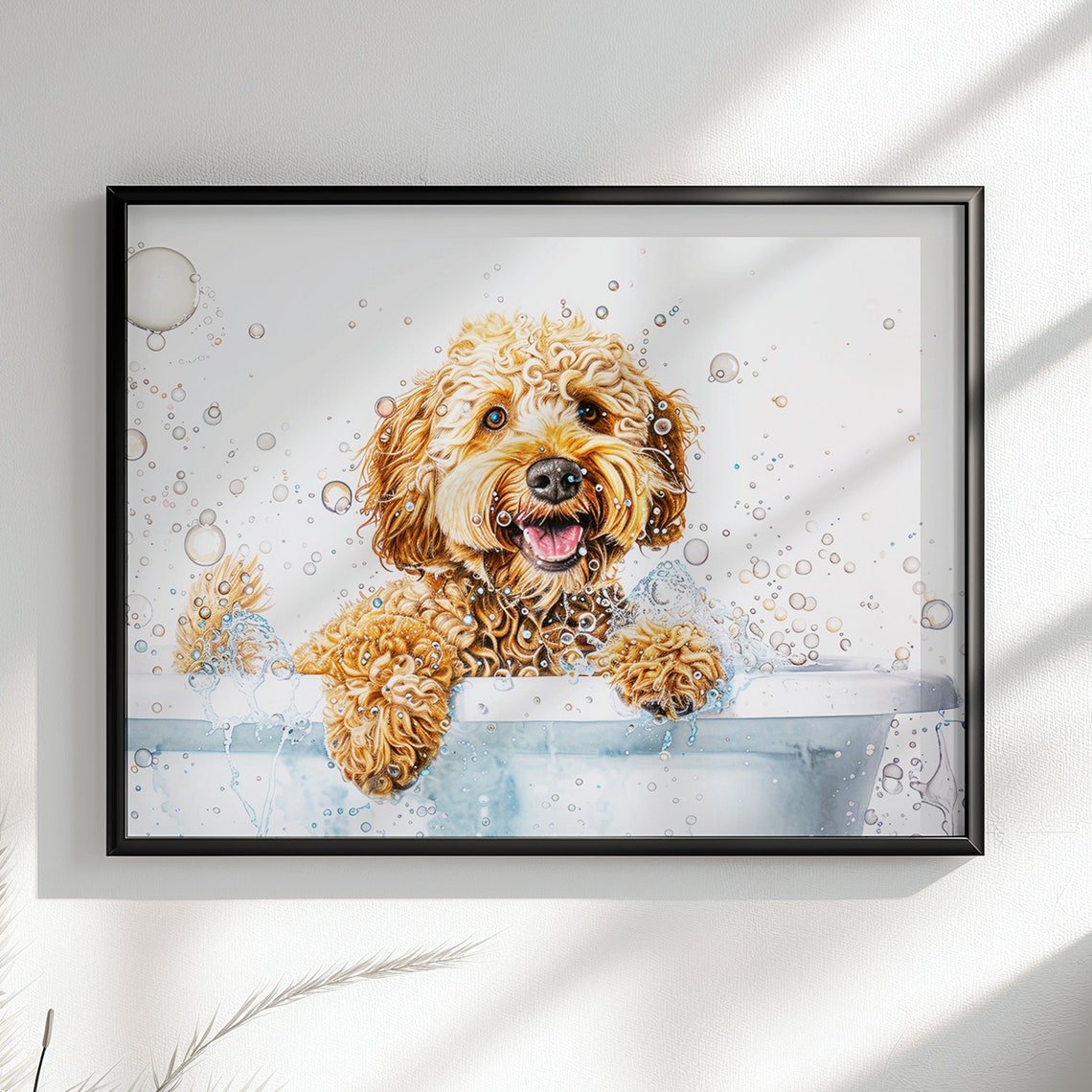 Golden Cockapoo Puppy In Bathtub Bubbles Watercolour Pet Poster