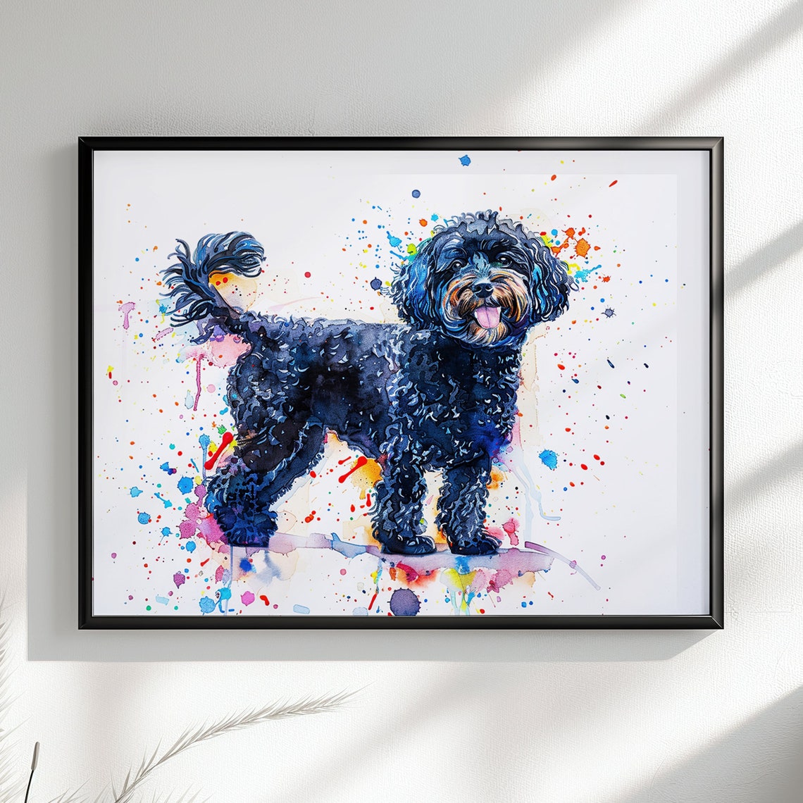 Black Cockapoo Standing Portrait Colourful Paint Splash Art Poster