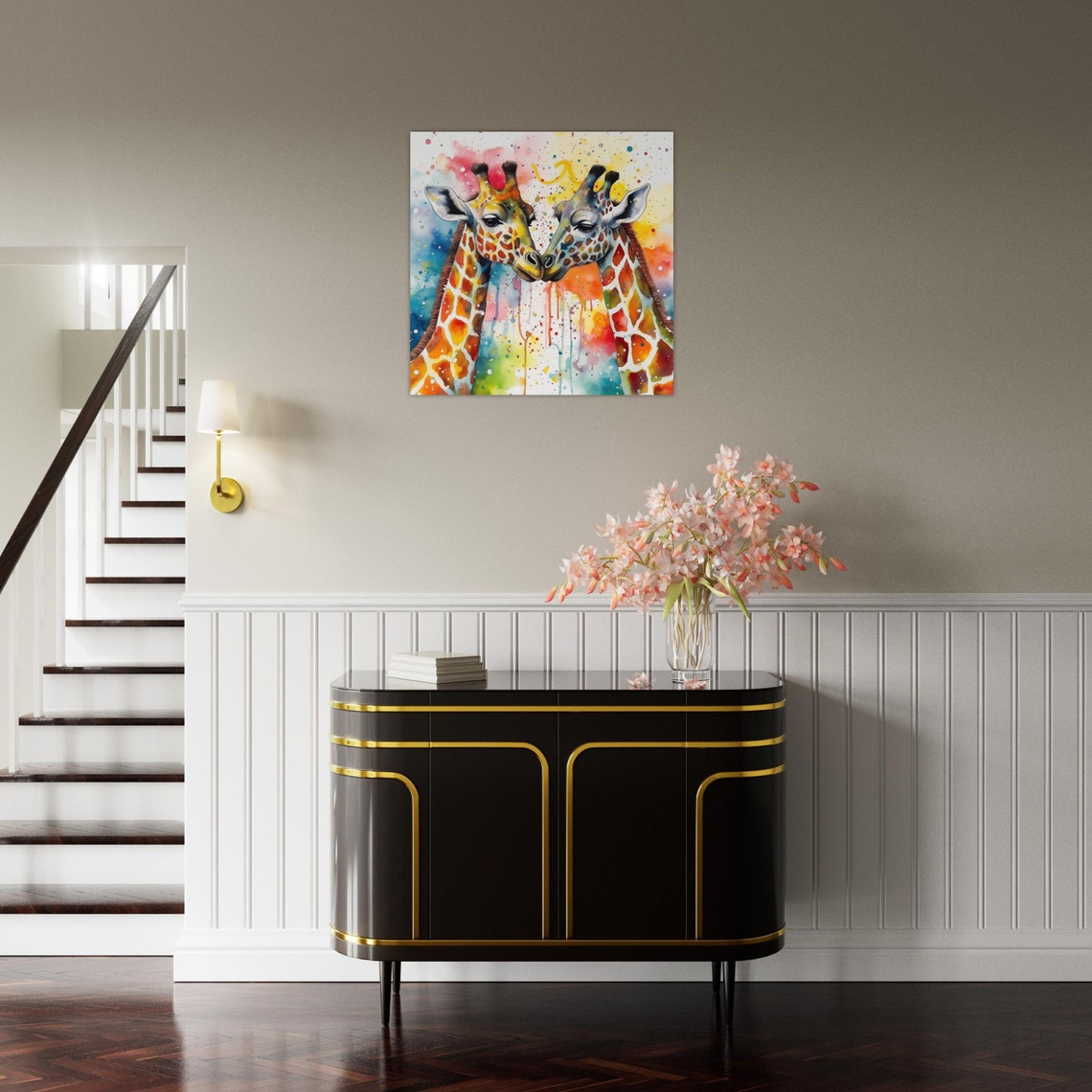 Two Giraffes Nuzzling Watercolor Splash Colorful Wildlife Art Poster - Image 3