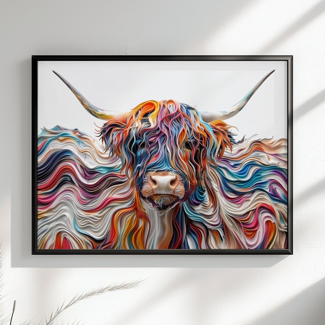 Highland Cow Rainbow Flowing Hair Colourful Abstract Animal Art Poster