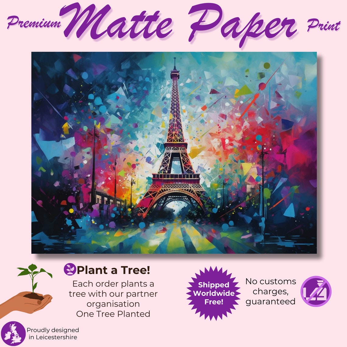 Neon Night Eiffel Tower Electric Paris Street Splatter Art Poster - Image 3