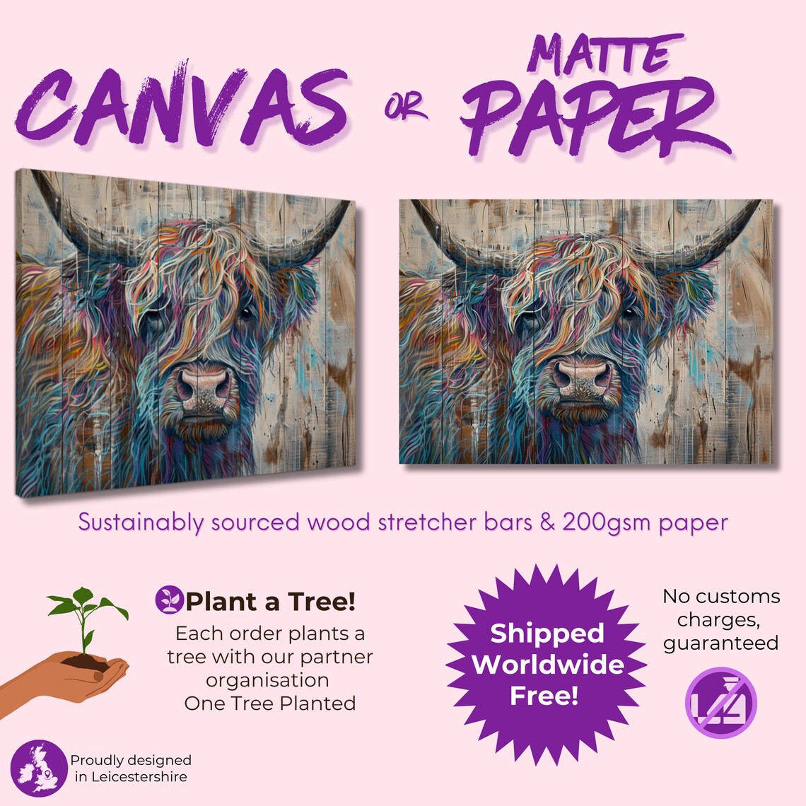 Highland Cow Pastel Rainbow Hair Distressed Wood Colourful Art Poster - Image 3