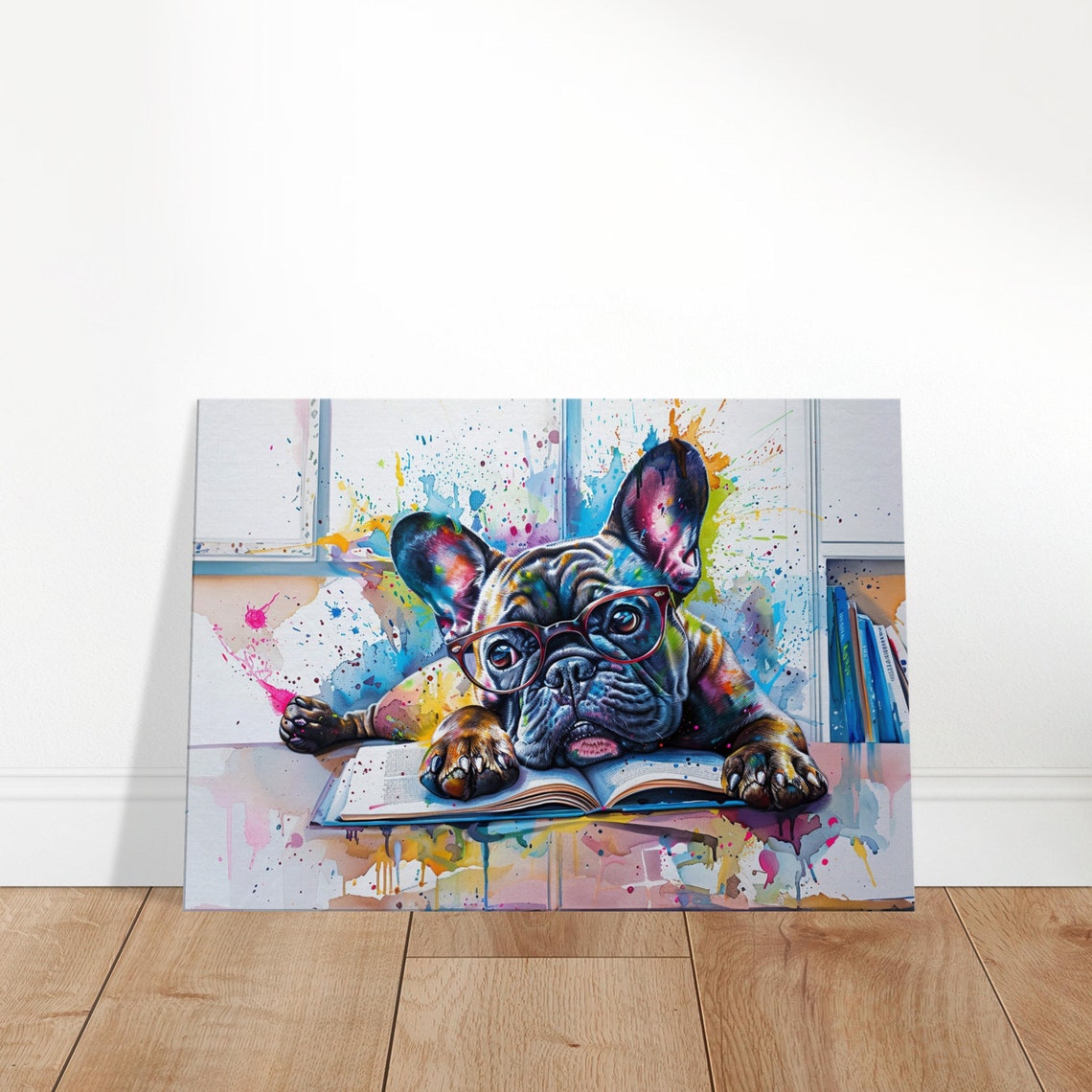 French Bulldog With Red Glasses Reading Book Desk Paint Splash Poster - Image 3