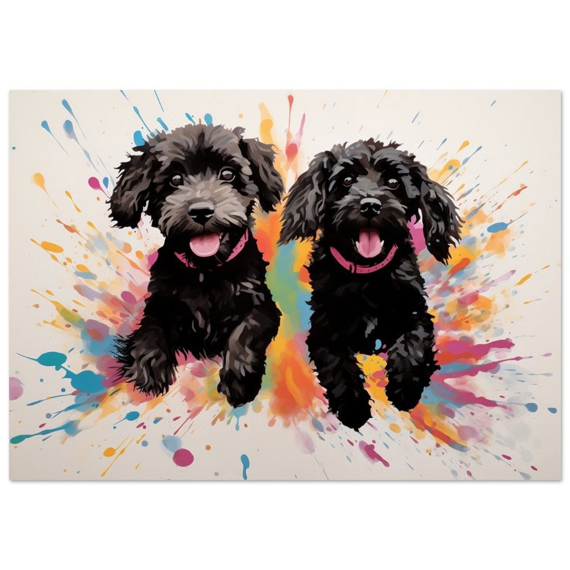 Pair Of Joyful Black Doodle Puppies In Rainbow Paint Splash Art Poster