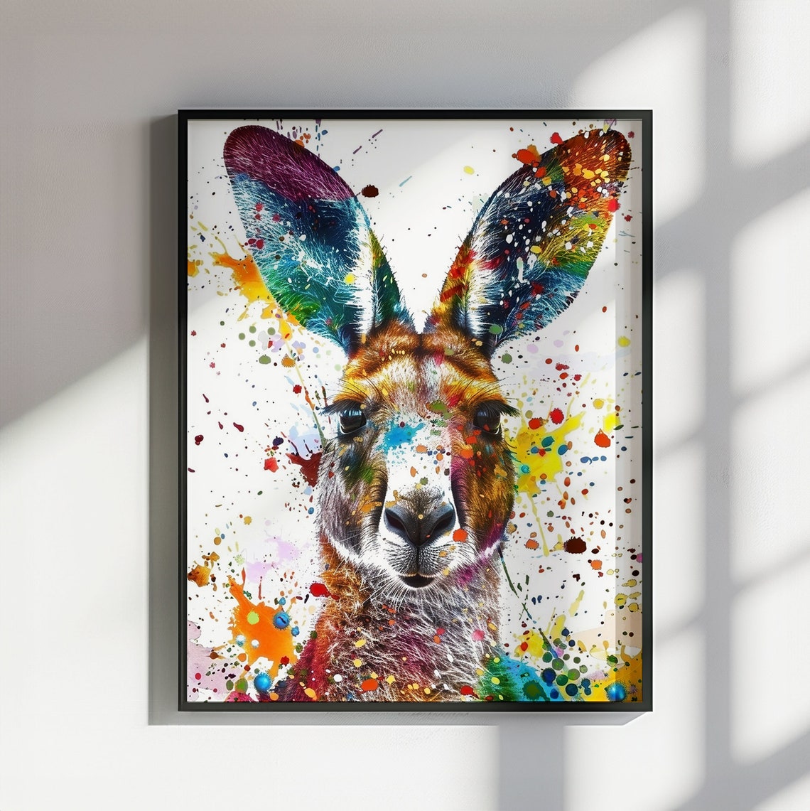 Rainbow Ear Kangaroo Watercolor Front Portrait Splash Art Poster