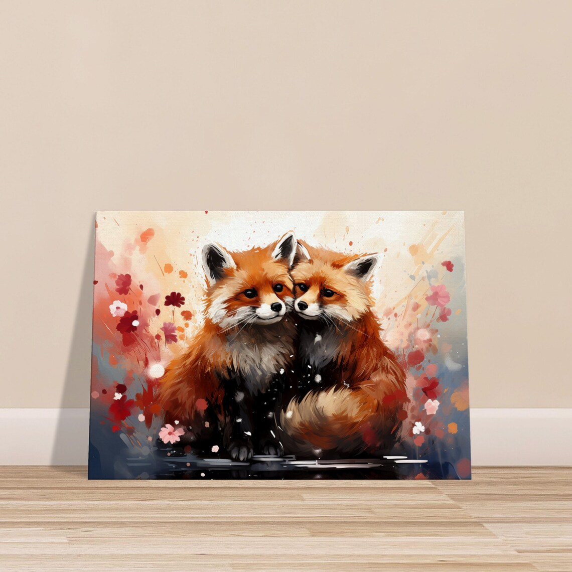 Two Fox Kits Watercolor Painting With Pink Blossom Flowers Poster - Image 3