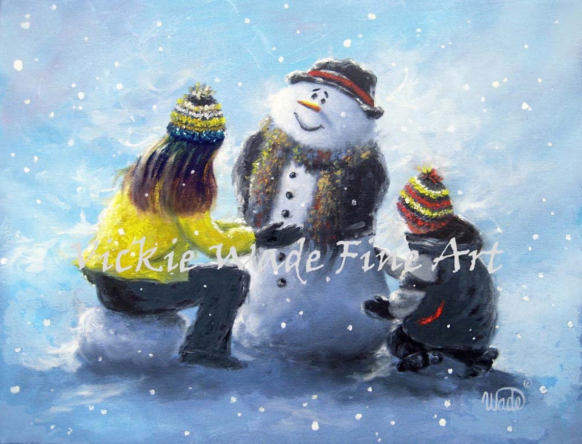 Mother And Son Snowman Art Print Snow Painting Mom And Son Snowman Big Sister Little Brother Building Snowman Vickie Wade Art